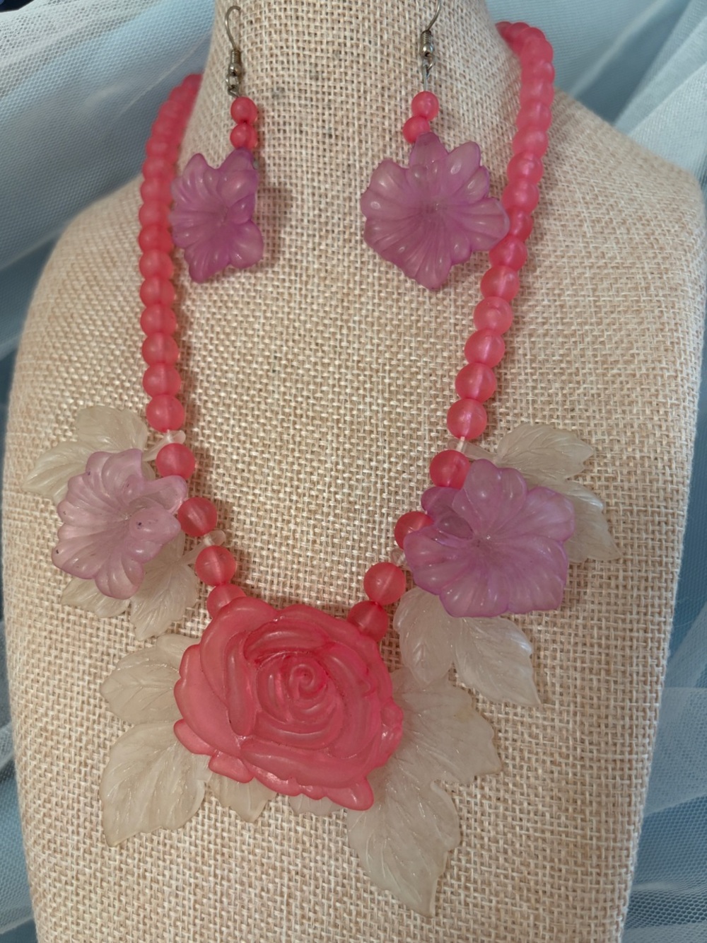 Pink Floral Resin Necklace and Earring Set   Summer